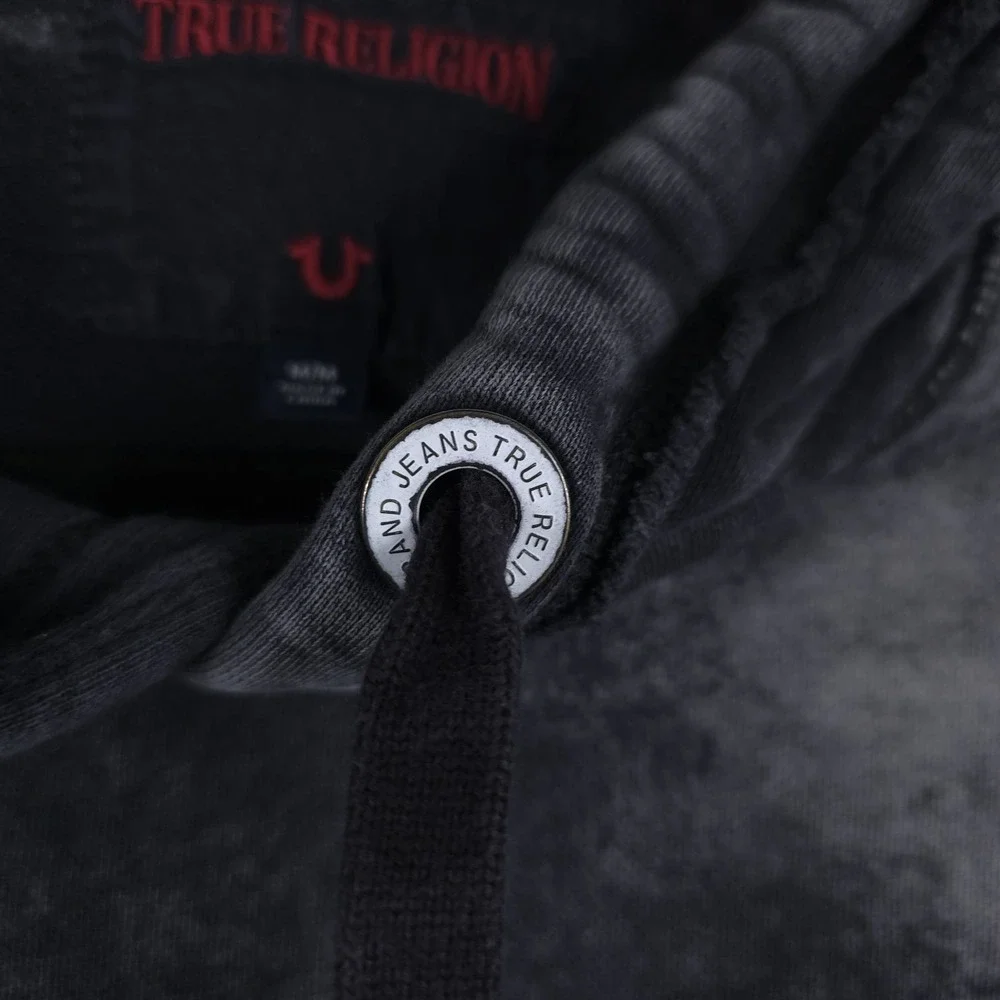 True Religion Distressed‎ Hoodie Mens Medium Gray Pullover Sweatshirt Grunge Y2K
